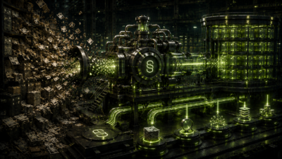 A publisher archive is refined through a glowing industrial knowledge system into organized retrieval infrastructure for corpus-first AI publishing.