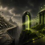 A fragmented landscape of collapsing content volume transforms through a glowing green gateway into a structured publisher knowledge infrastructure emitting organized signals and long-term value.
