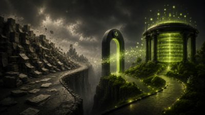 A fragmented landscape of collapsing content volume transforms through a glowing green gateway into a structured publisher knowledge infrastructure emitting organized signals and long-term value.