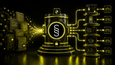 A structured publisher corpus flows through a central Springwire governance core into multiple controlled access surfaces including membership, mobile, chat, and learning environments.