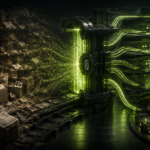 A chaotic publisher archive is transformed through structured green retrieval systems into organized AI-ready infrastructure built for knowledge access and operational reuse.