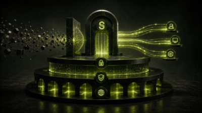A central publisher-controlled gateway filters chaotic data fragments into structured governed access pathways connected to protected publishing systems.