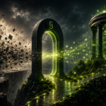 A chaotic archive of fragmented documents transforms through a glowing green portal into a structured publisher knowledge vault representing durable AI-ready corpus infrastructure.