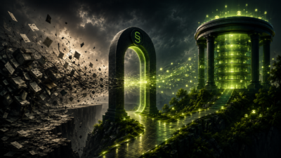A chaotic archive of fragmented documents transforms through a glowing green portal into a structured publisher knowledge vault representing durable AI-ready corpus infrastructure.