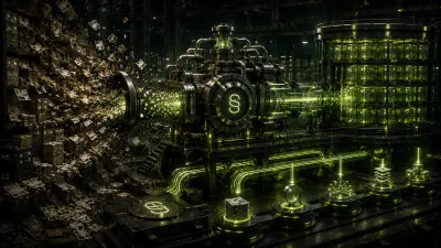 A publisher archive is refined through a glowing industrial knowledge system into organized retrieval infrastructure for corpus-first AI publishing.
