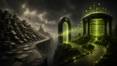 A fragmented landscape of collapsing content volume transforms through a glowing green gateway into a structured publisher knowledge infrastructure emitting organized signals and long-term value.