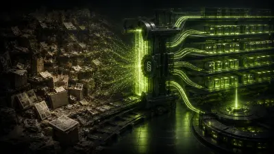 A chaotic publisher archive is transformed through structured green retrieval systems into organized AI-ready infrastructure built for knowledge access and operational reuse.