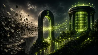 A chaotic archive of fragmented documents transforms through a glowing green portal into a structured publisher knowledge vault representing durable AI-ready corpus infrastructure.